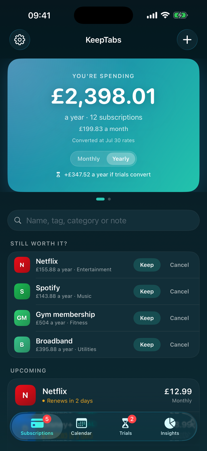 KeepTabs home screen showing yearly spending total